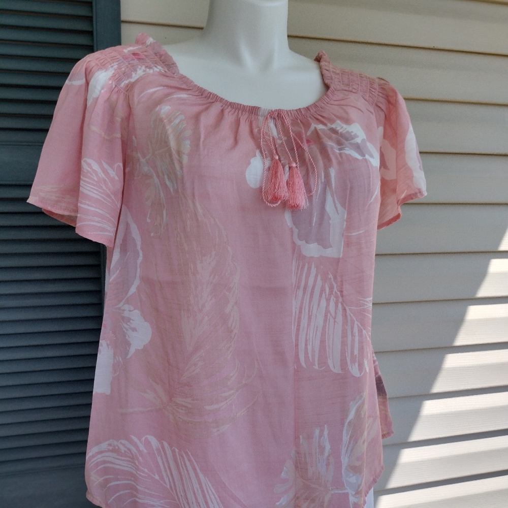 Harvé Benard 1XPink White Tan Floral Gauzy Blouse